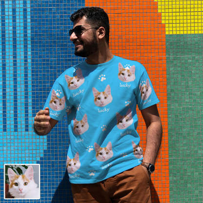 Herren Personalisiertes T-Shirt mit Katzenbild und Name Individuelles Kurzarmshirt mit Katze Geschenk für Freund