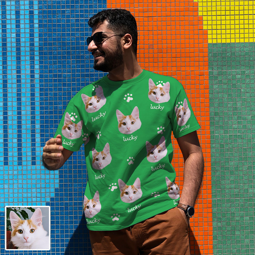 Herren Personalisiertes T-Shirt mit Katzenbild und Name Individuelles Kurzarmshirt mit Katze Geschenk für Freund