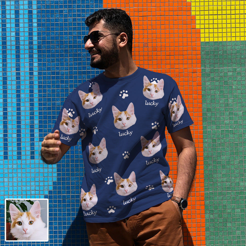 Herren Personalisiertes T-Shirt mit Katzenbild und Name Individuelles Kurzarmshirt mit Katze Geschenk für Freund