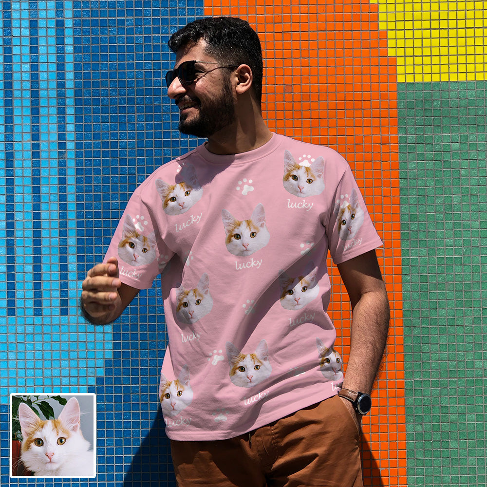 Herren Personalisiertes T-Shirt mit Katzenbild und Name Individuelles Kurzarmshirt mit Katze Geschenk für Freund