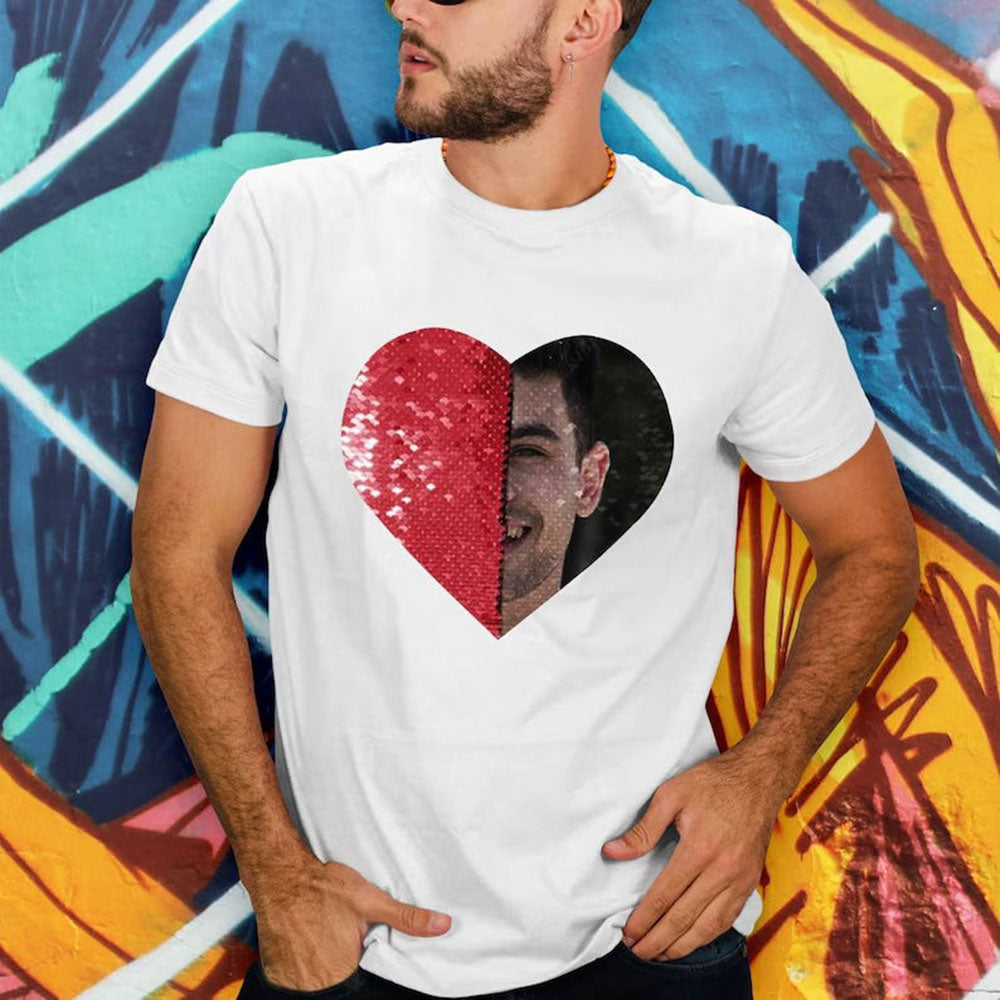 Personalisierte Herz Pailletten T-Shirt mit Foto Unisex Custom Foto Pailletten T-Shirt