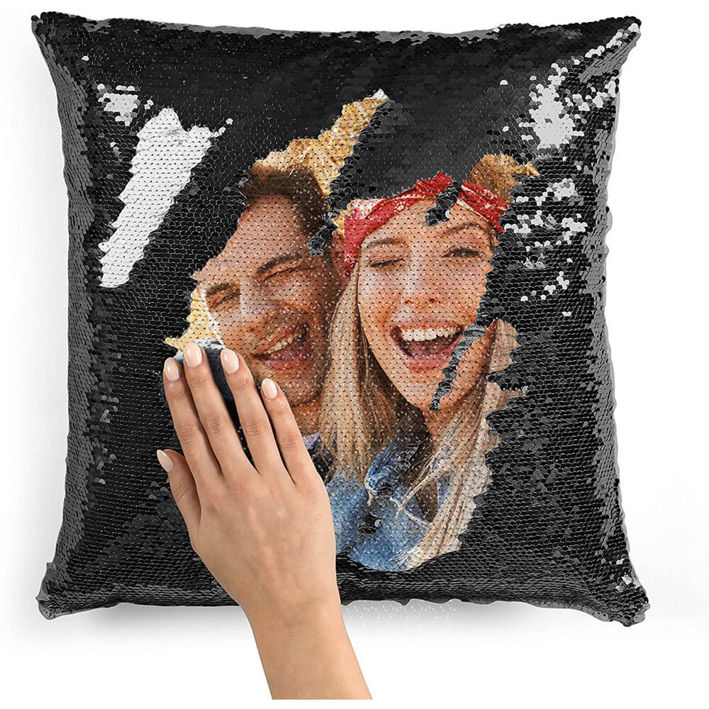 Personalisierbares Fotokissen mit Wendepailletten – Magische Meerjungfrau Design Kissenbezug