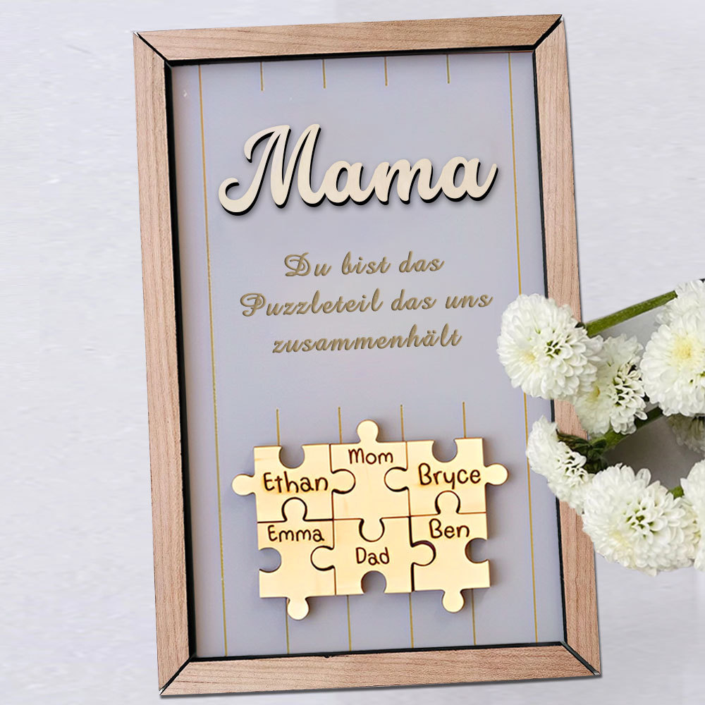 Personalisiertes Holzpuzzle Rahmen Mit 1 Bis 8 Namen In Wunschfarbe Mit Gravur Mama Du Bist Das Teil Das Uns Zusammenhält