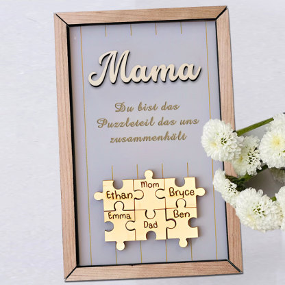 Personalisiertes Holzpuzzle Rahmen Mit 1 Bis 8 Namen In Wunschfarbe Mit Gravur Mama Du Bist Das Teil Das Uns Zusammenhält
