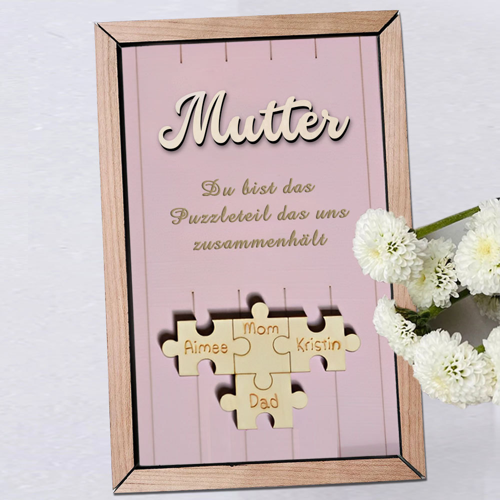 Personalisiertes Holzpuzzle Rahmen Mit 1 Bis 8 Namen In Wunschfarbe Mit Gravur Mama Du Bist Das Teil Das Uns Zusammenhält