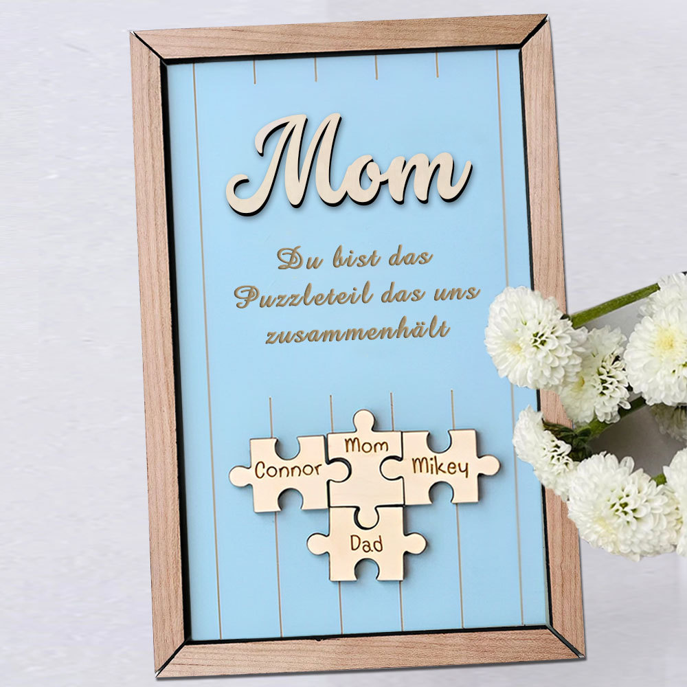 Personalisiertes Holzpuzzle Rahmen Mit 1 Bis 8 Namen In Wunschfarbe Mit Gravur Mama Du Bist Das Teil Das Uns Zusammenhält