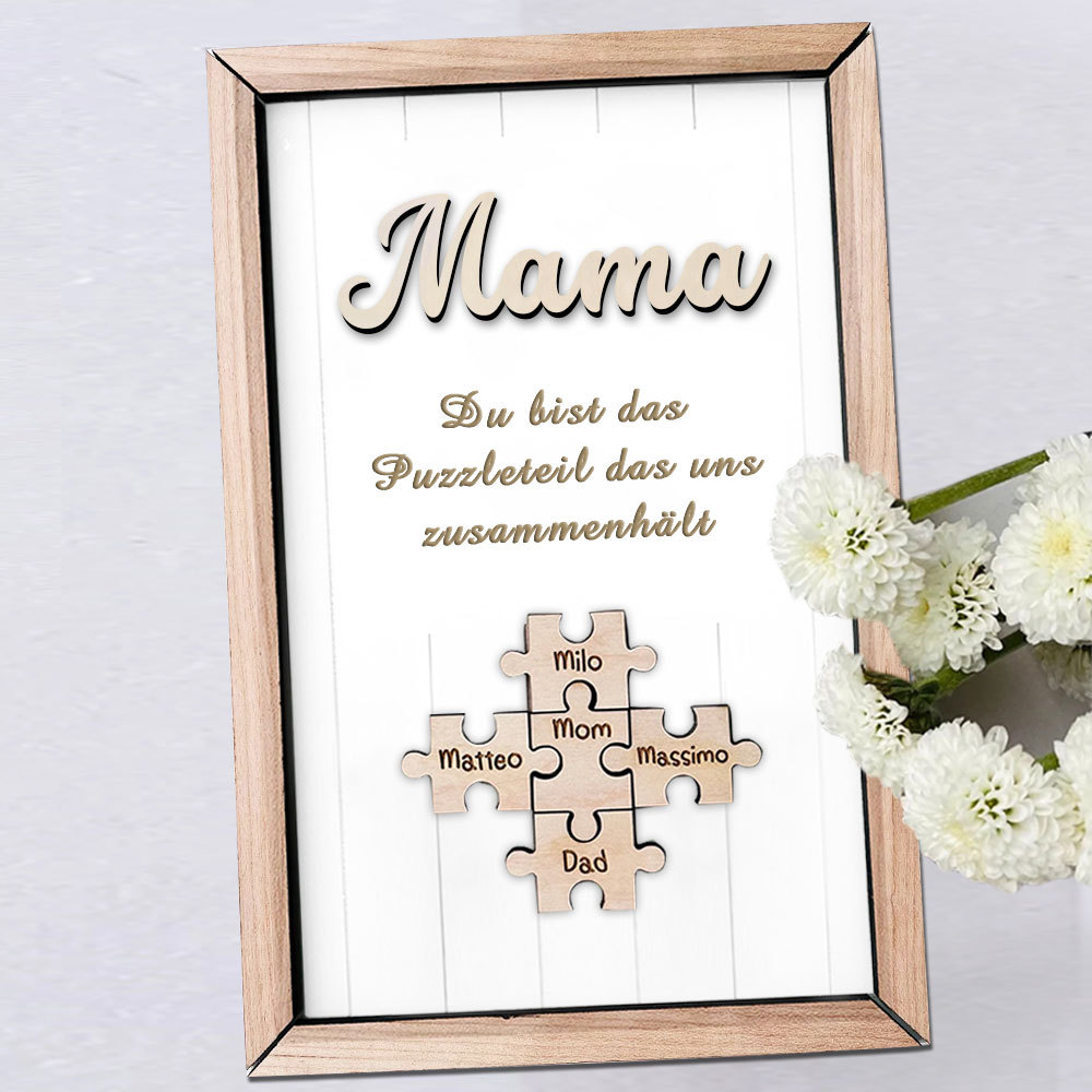Personalisiertes Holzpuzzle Rahmen Mit 1 Bis 8 Namen In Wunschfarbe Mit Gravur Mama Du Bist Das Teil Das Uns Zusammenhält