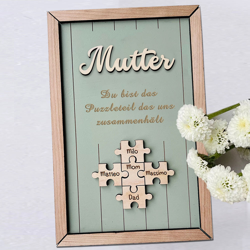 Personalisiertes Holzpuzzle Rahmen Mit 1 Bis 8 Namen In Wunschfarbe Mit Gravur Mama Du Bist Das Teil Das Uns Zusammenhält