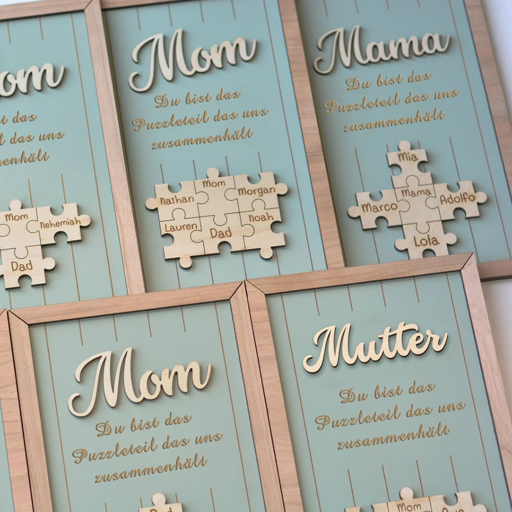 Personalisiertes Holzpuzzle Rahmen Mit 1 Bis 8 Namen In Wunschfarbe Mit Gravur Mama Du Bist Das Teil Das Uns Zusammenhält