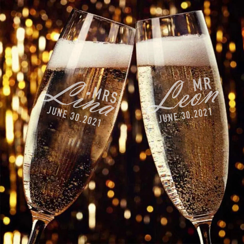 Personalisierte Champagnerflöten zur Hochzeit, 2er-Set, mit individuellem Namen und Datum gravierte Hochzeits-Toastgläser für Braut und Bräutigam  Hochzeitsgeschenke