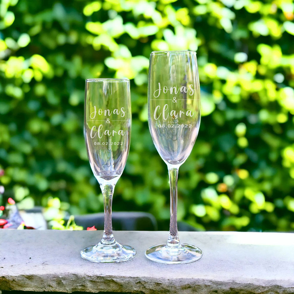 Personalisierte Champagnerflöten zur Hochzeit, 2er-Set, mit individuellem Namen und Datum gravierte Hochzeits-Toastgläser für Braut und Bräutigam  Hochzeitsgeschenke
