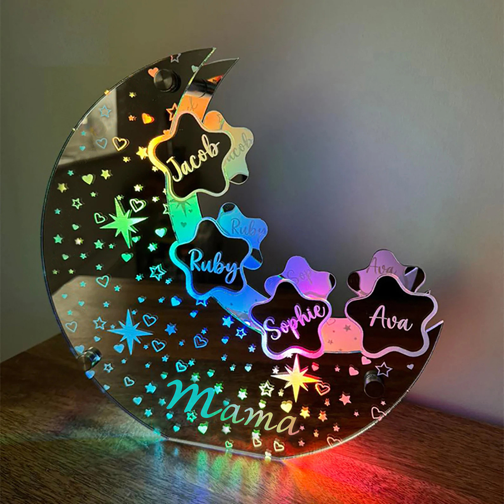 Personalisierte Acryl Mondschild Lampe für Mama Individuelles Mond Spiegellicht Sterne mit Familiennamen Muttertagsgeschenk