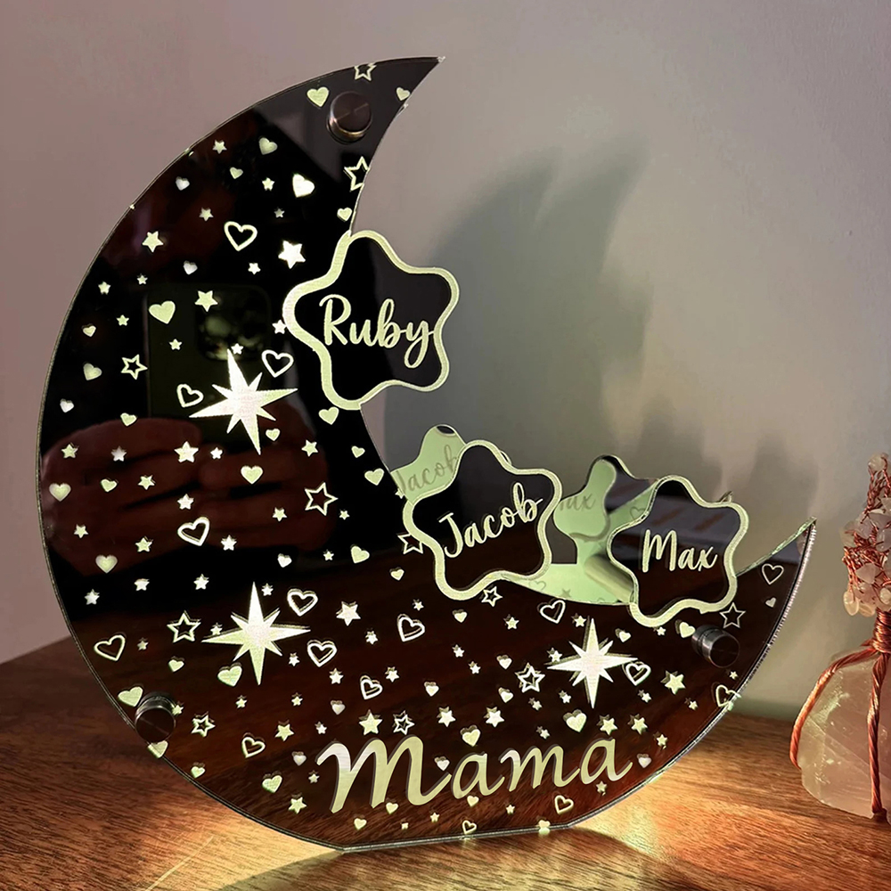 Personalisierte Acryl Mondschild Lampe für Mama Individuelles Mond Spiegellicht Sterne mit Familiennamen Muttertagsgeschenk