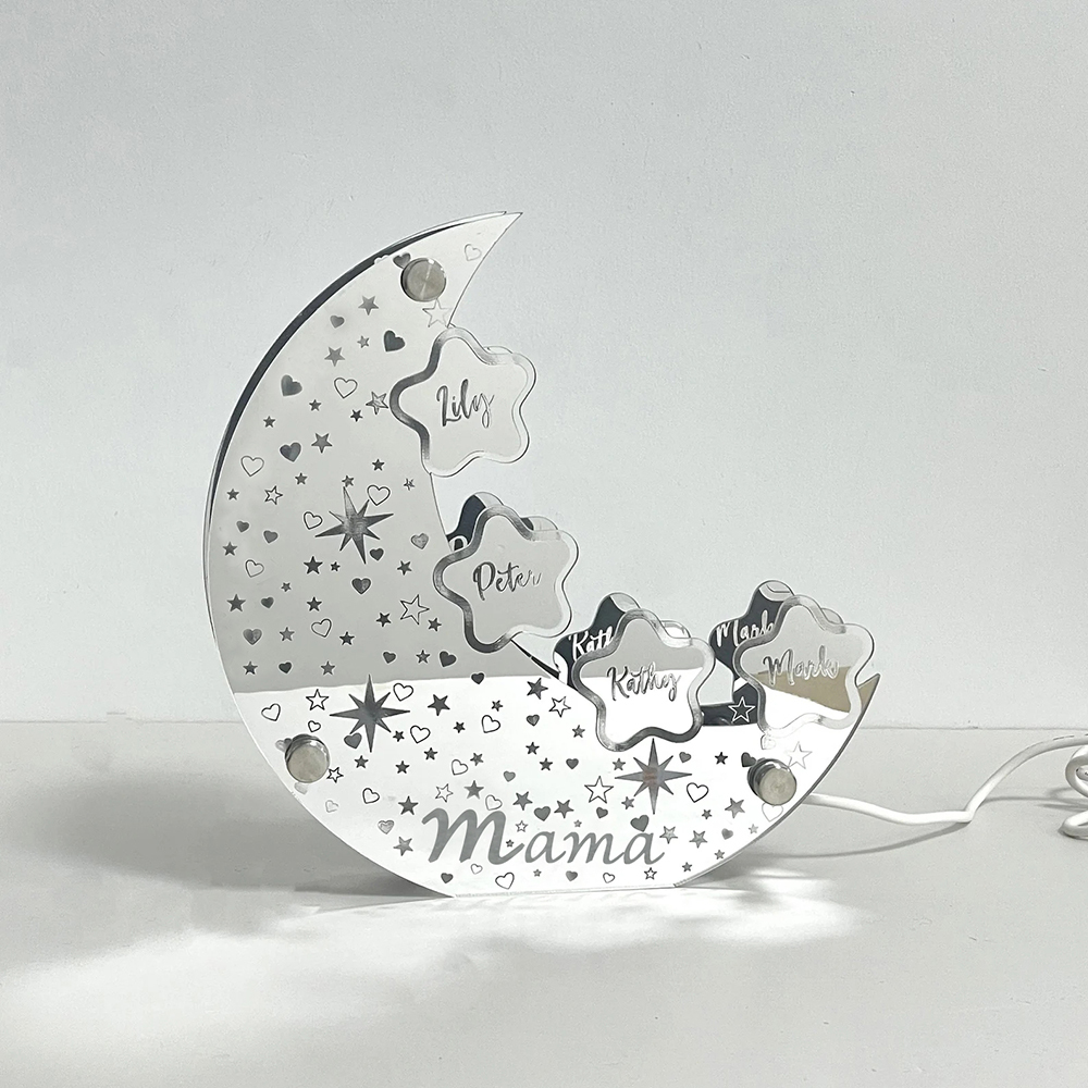 Personalisierte Acryl Mondschild Lampe für Mama Individuelles Mond Spiegellicht Sterne mit Familiennamen Muttertagsgeschenk