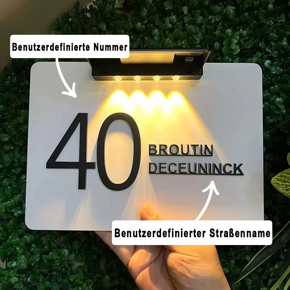 Personalisierte Solarbeleuchtete Adressschild Outdoor LED Hausnummerntafel Wasserdicht Türschild