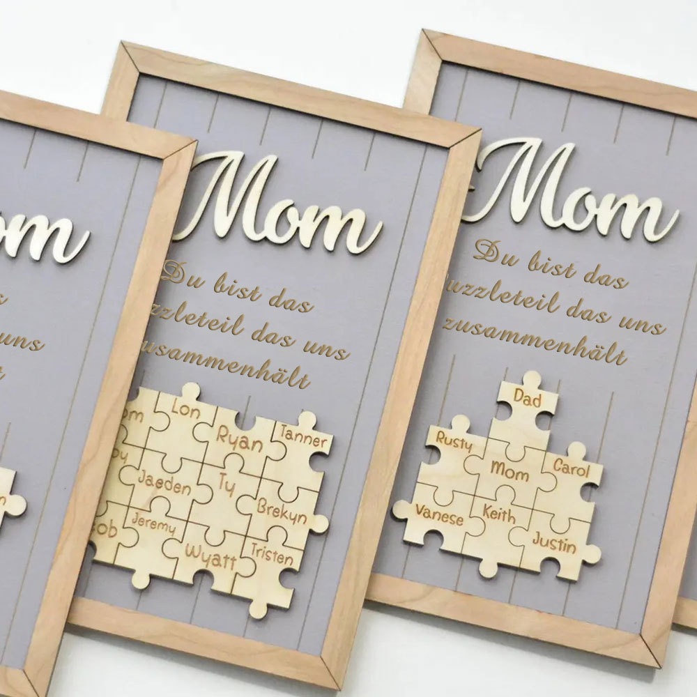 Personalisiertes Holzpuzzle Rahmen Mit 1 Bis 8 Namen In Wunschfarbe Mit Gravur Mama Du Bist Das Teil Das Uns Zusammenhält
