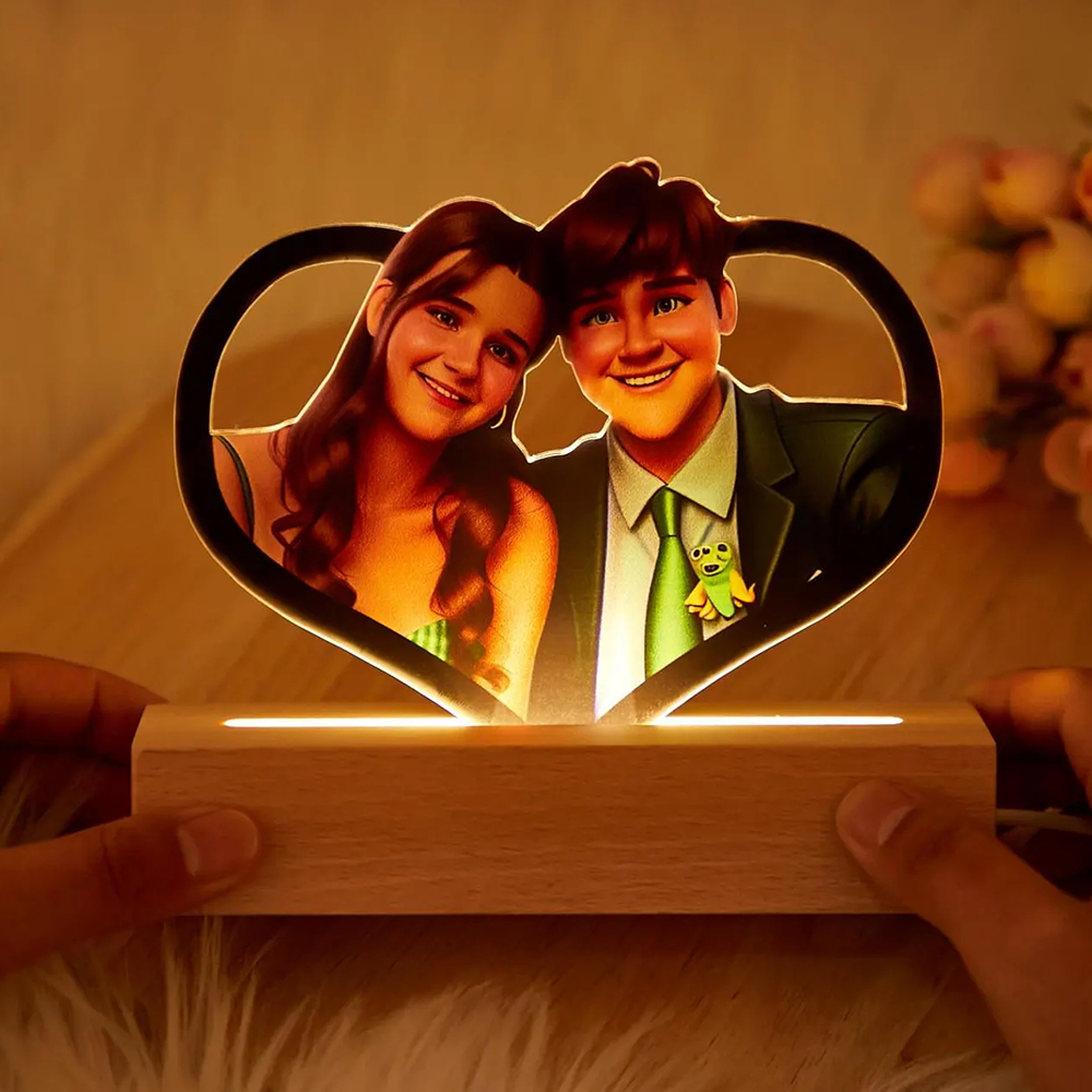 Personalisiertes Cartoon-Porträt Herzförmige  LED Nachtlicht Mit Eigenem Foto Im Cartoon Stil Und Wunschgravur