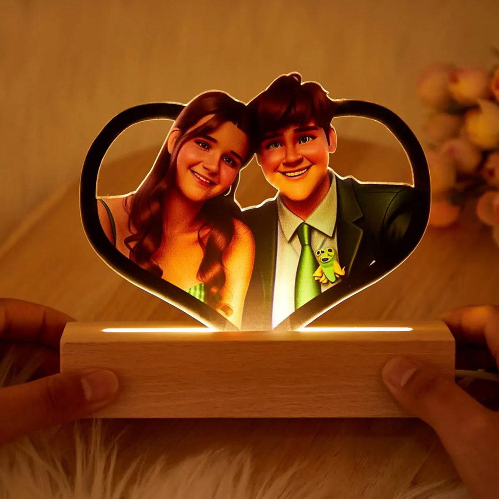 Personalisiertes Cartoon-Porträt Herzförmige  LED Nachtlicht Mit Eigenem Foto Im Cartoon Stil Und Wunschgravur