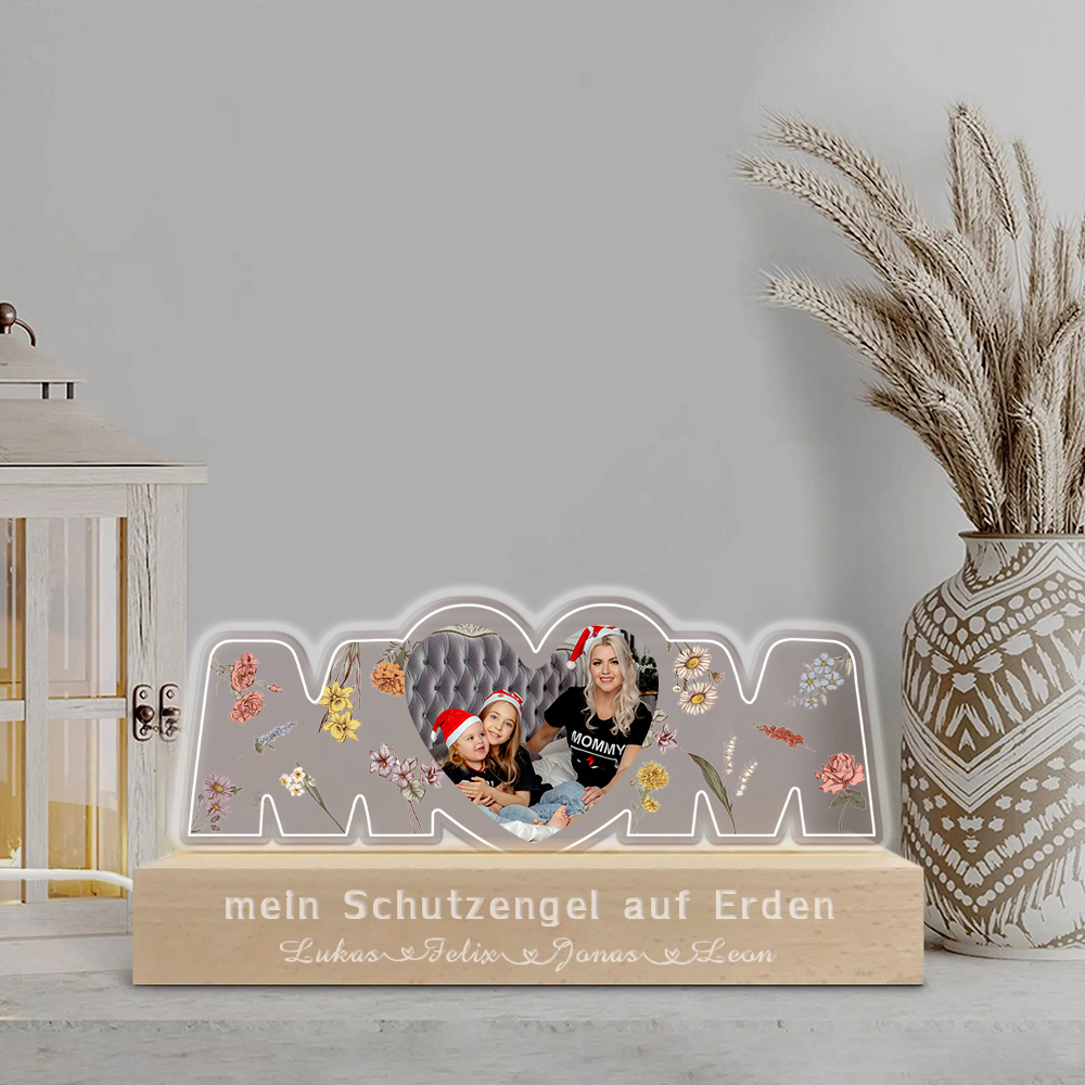 Personalisiertes Mama Herz Foto Nachtlicht Individueller Text und Name LED Nachtlicht Muttertagsgeschenk