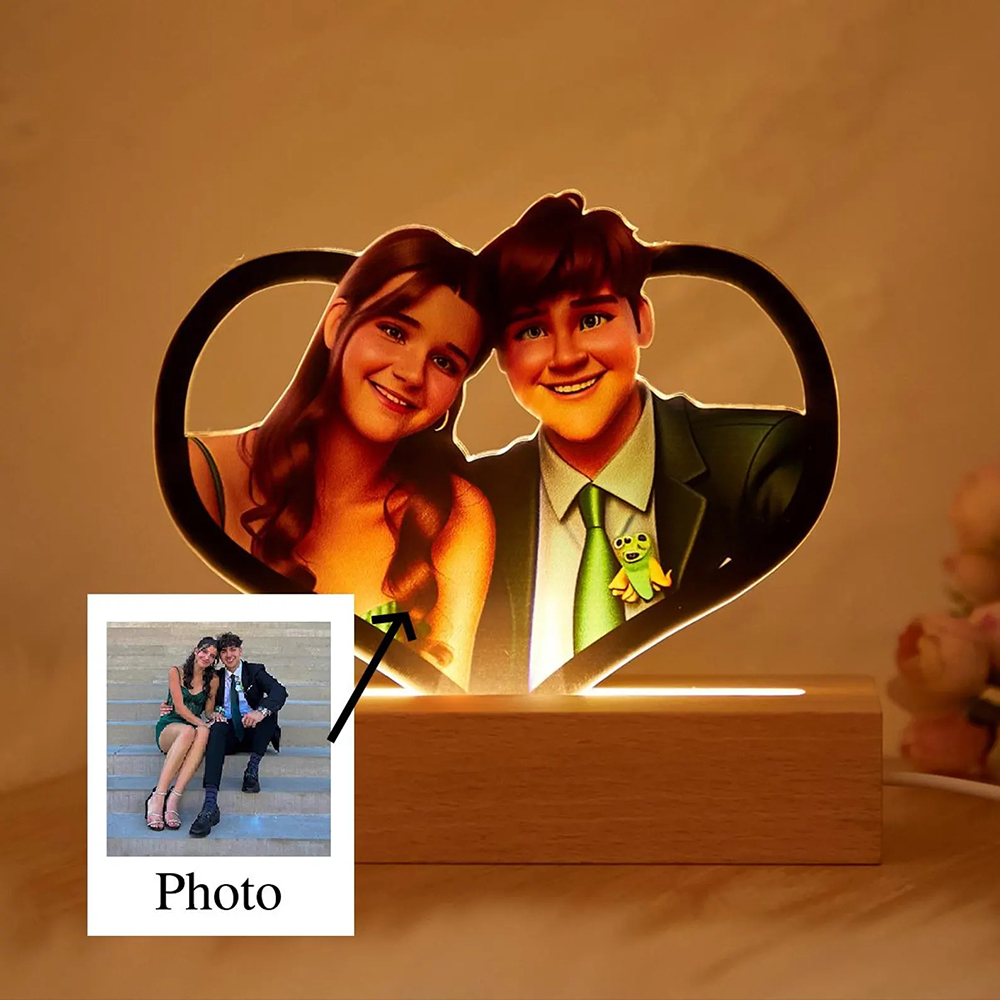Personalisiertes Cartoon-Porträt Herzförmige  LED Nachtlicht Mit Eigenem Foto Im Cartoon Stil Und Wunschgravur