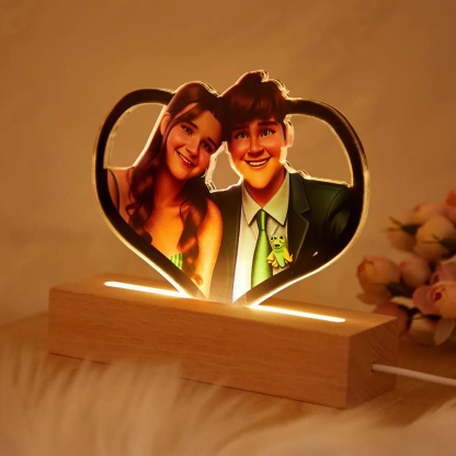 Personalisiertes Cartoon-Porträt Herzförmige  LED Nachtlicht Mit Eigenem Foto Im Cartoon Stil Und Wunschgravur
