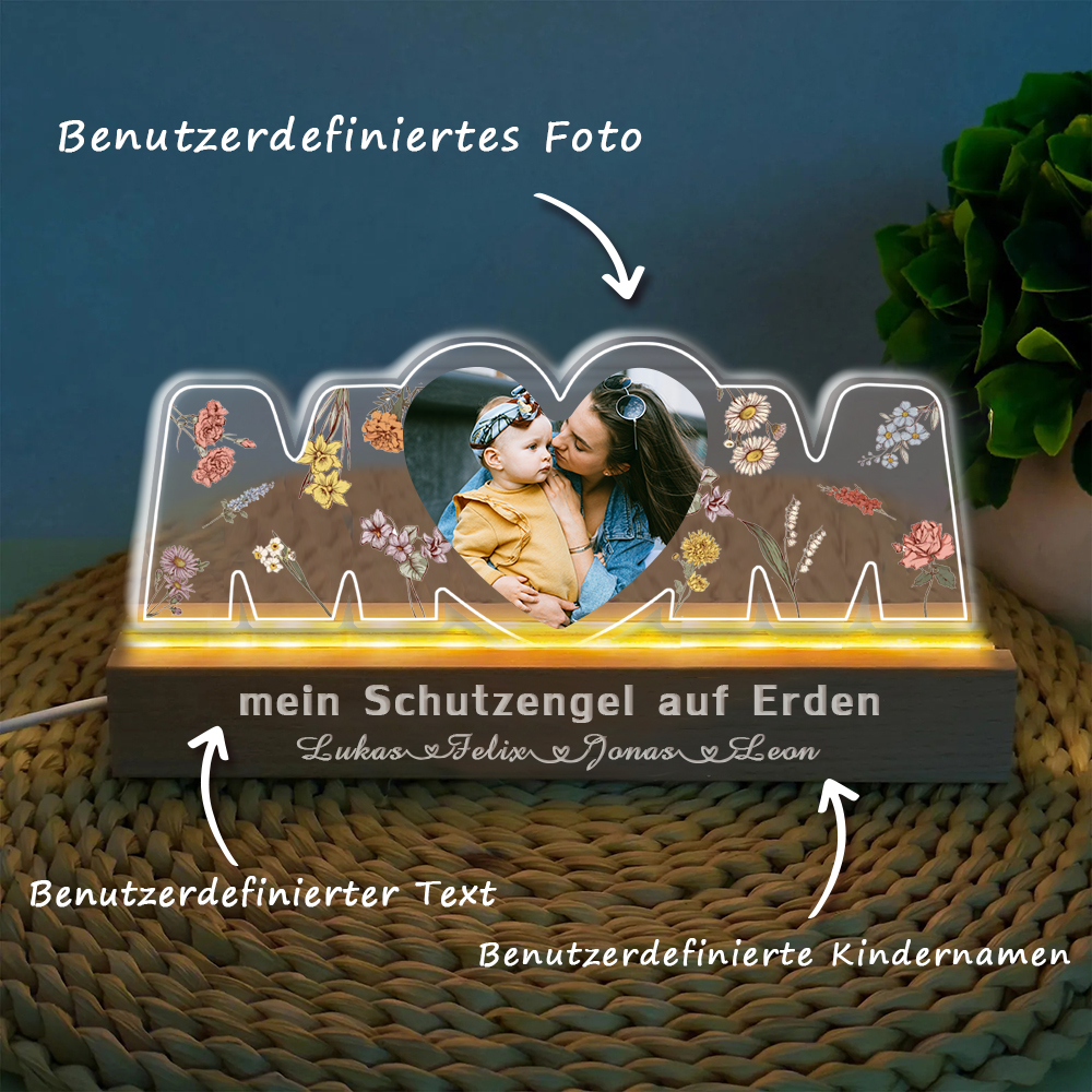 Personalisiertes Mama Herz Foto Nachtlicht Individueller Text und Name LED Nachtlicht Muttertagsgeschenk