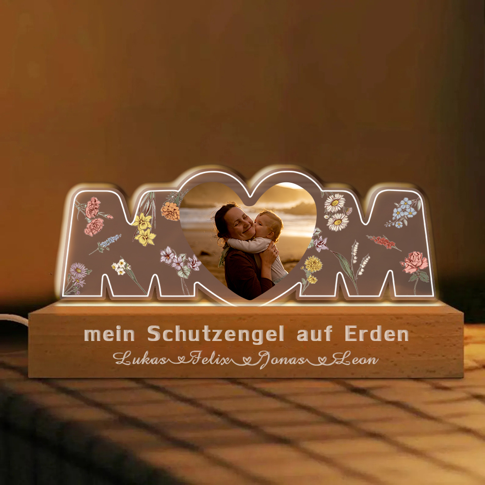 Personalisiertes Mama Herz Foto Nachtlicht Individueller Text und Name LED Nachtlicht Muttertagsgeschenk