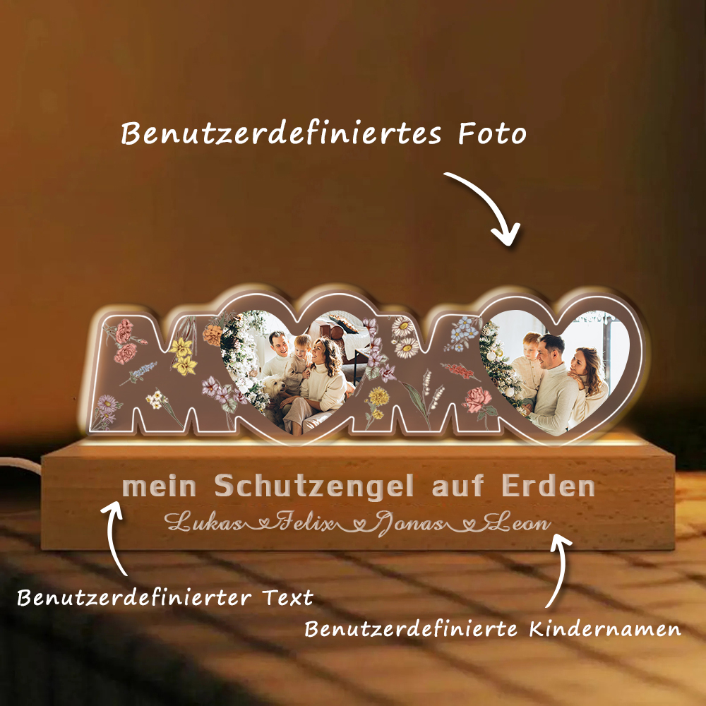 Personalisiertes Mama Zwei Herzen Foto Nachtlicht Individueller Text LED Nachtlicht Geschenk für Mutter