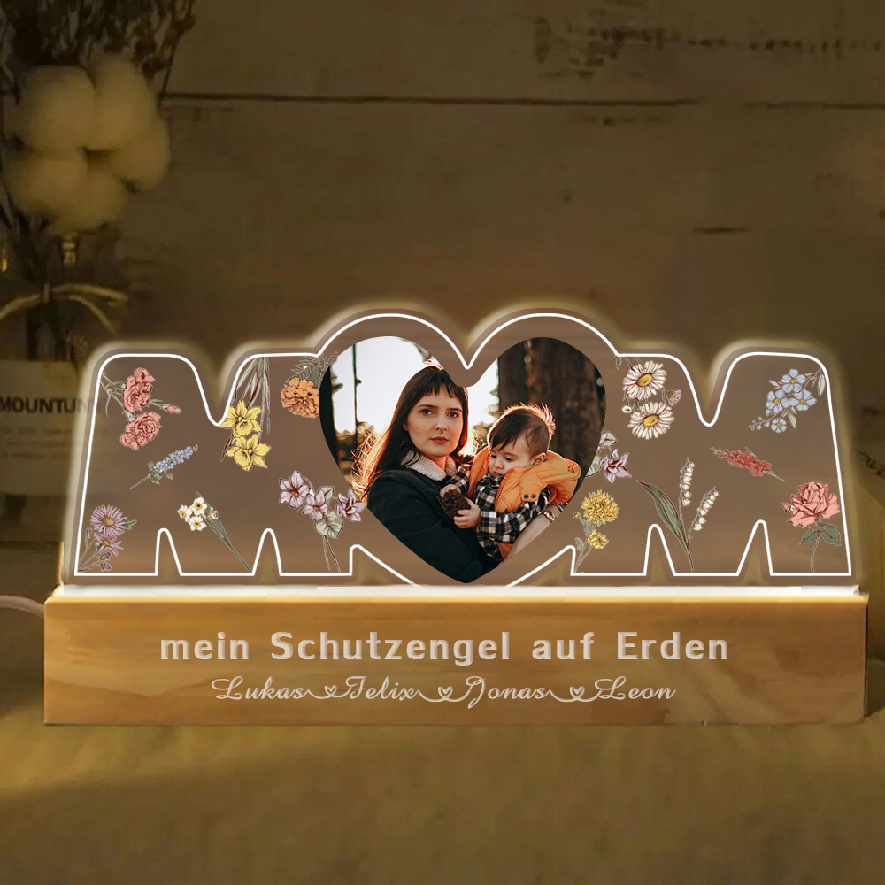 Personalisiertes Mama Herz Foto Nachtlicht Individueller Text und Name LED Nachtlicht Muttertagsgeschenk