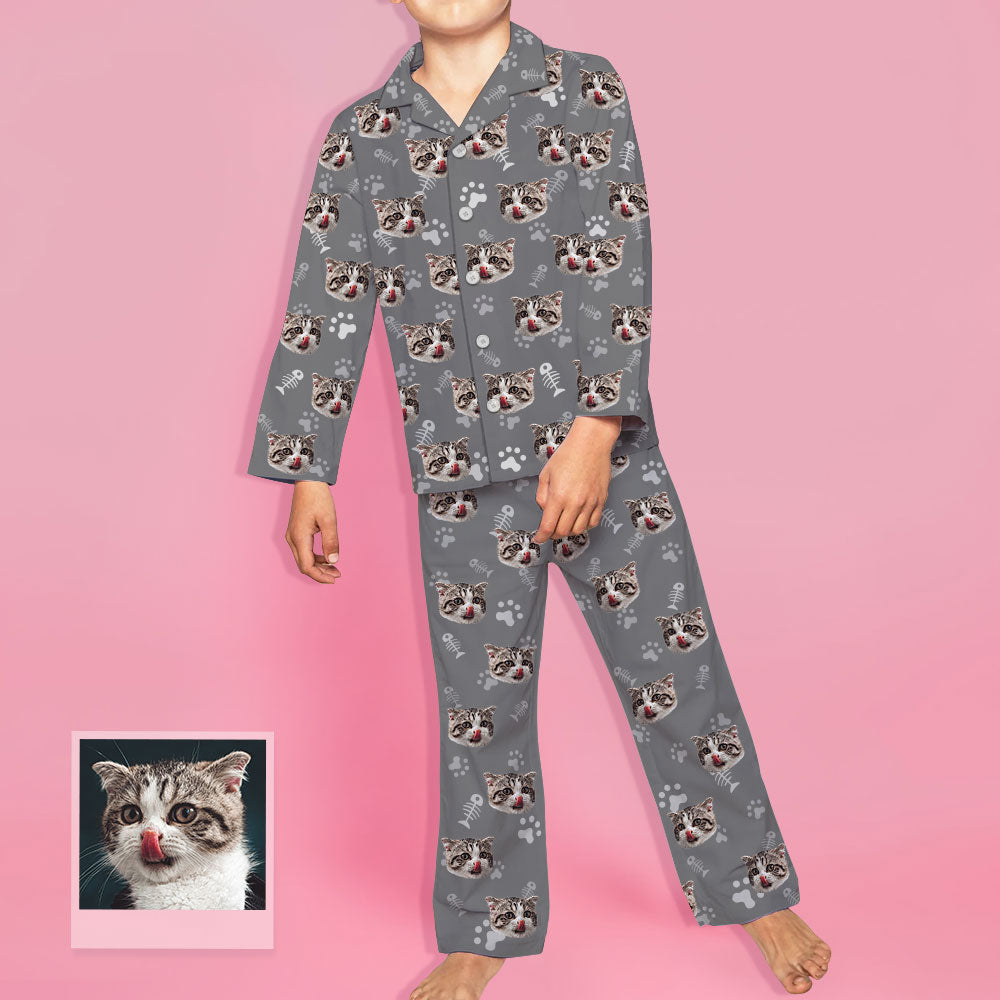 Kinder Custom Pyjamas mit Katzen Gesicht Kinder Personalisiertes Katzen Foto Pyjamas