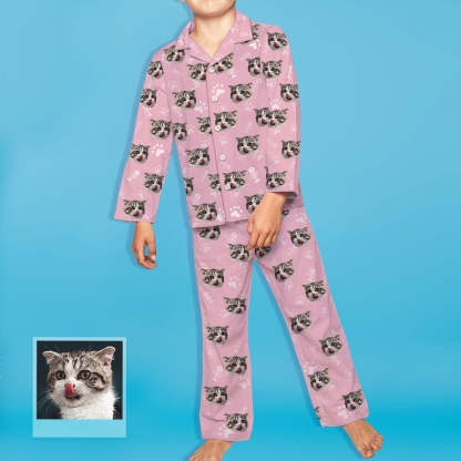 Kinder Custom Pyjamas mit Katzen Gesicht Kinder Personalisiertes Katzen Foto Pyjamas
