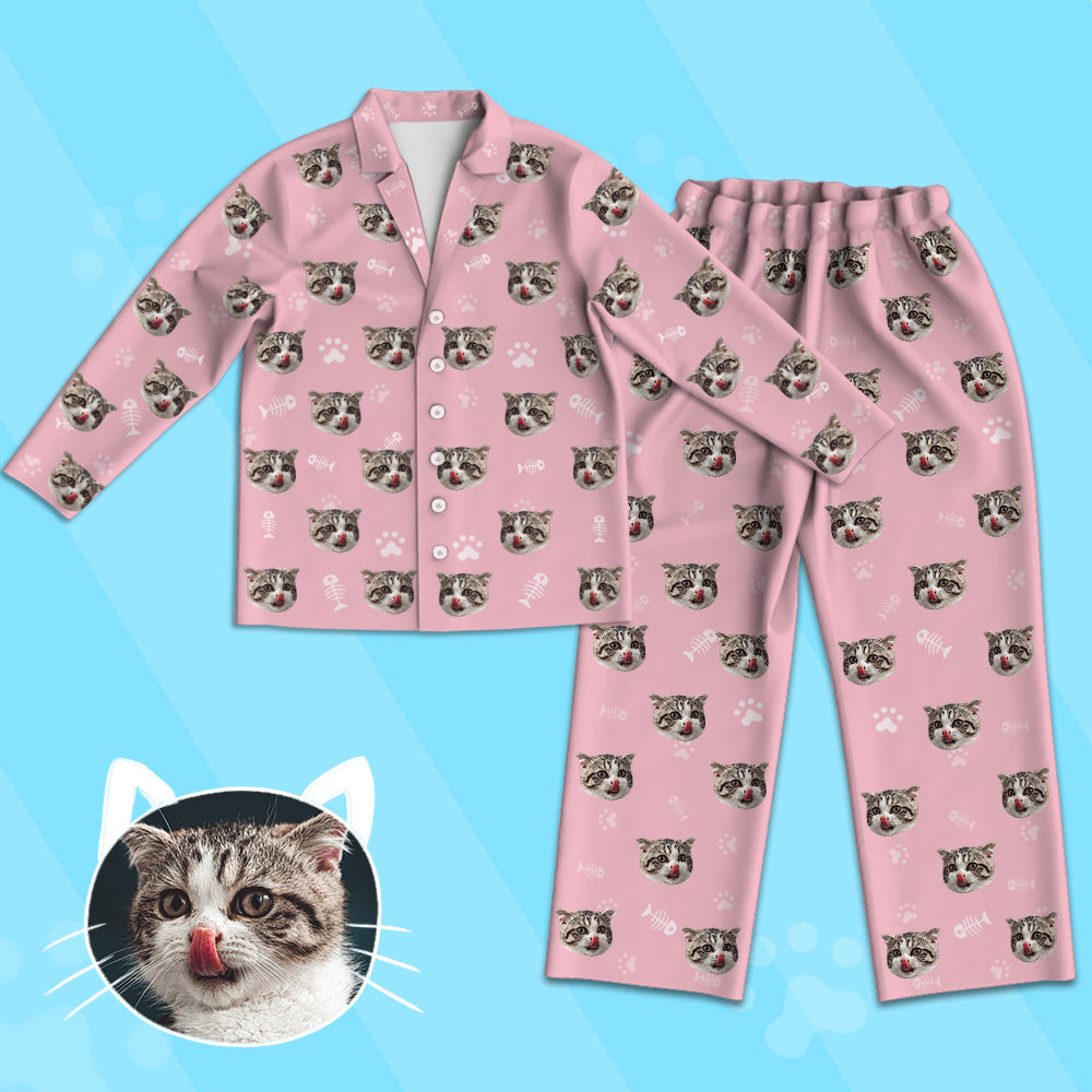 Kinder Custom Pyjamas mit Katzen Gesicht Kinder Personalisiertes Katzen Foto Pyjamas