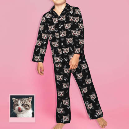 Kinder Custom Pyjamas mit Katzen Gesicht Kinder Personalisiertes Katzen Foto Pyjamas