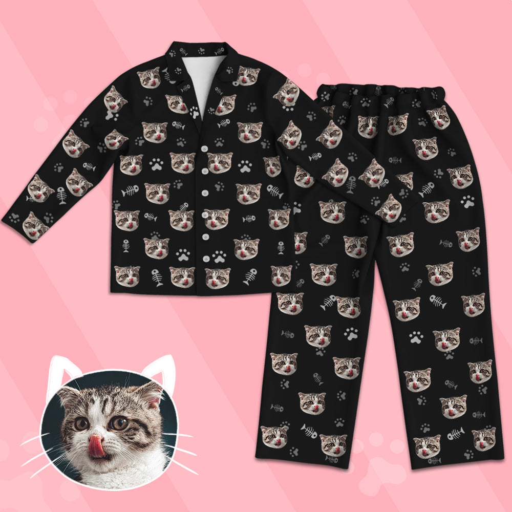 Kinder Custom Pyjamas mit Katzen Gesicht Kinder Personalisiertes Katzen Foto Pyjamas
