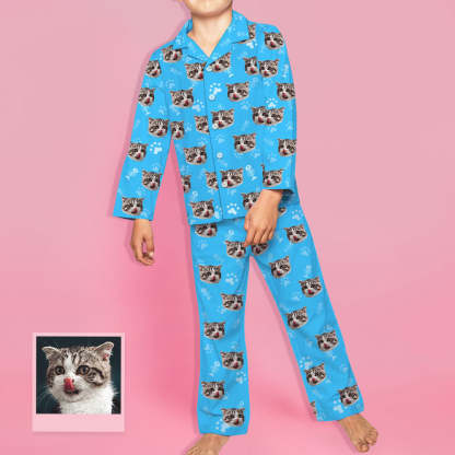 Kinder Custom Pyjamas mit Katzen Gesicht Kinder Personalisiertes Katzen Foto Pyjamas