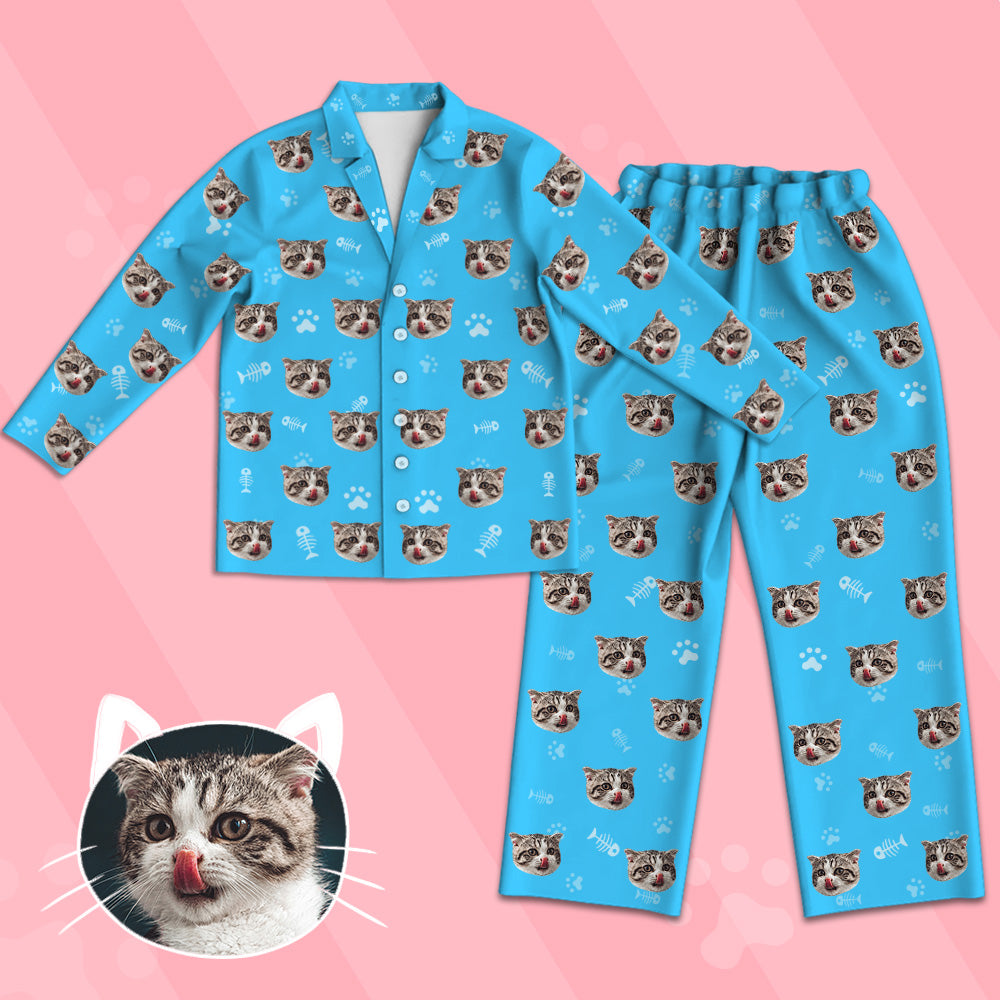 Kinder Custom Pyjamas mit Katzen Gesicht Kinder Personalisiertes Katzen Foto Pyjamas