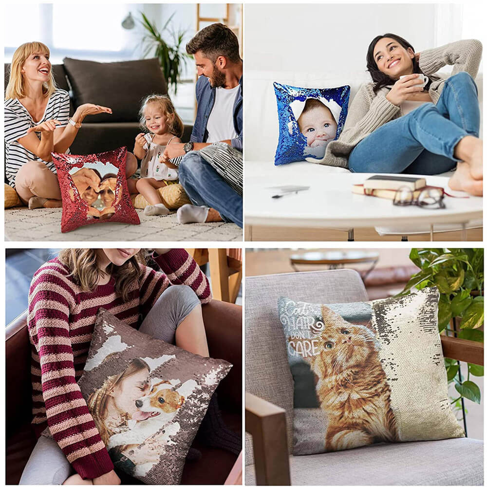 Personalisierbares Fotokissen mit Wendepailletten – Magische Meerjungfrau Design Kissenbezug