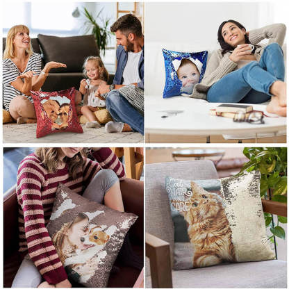 Personalisierbares Fotokissen mit Wendepailletten – Magische Meerjungfrau Design Kissenbezug