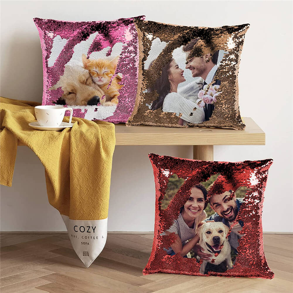 Personalisierbares Fotokissen mit Wendepailletten – Magische Meerjungfrau Design Kissenbezug