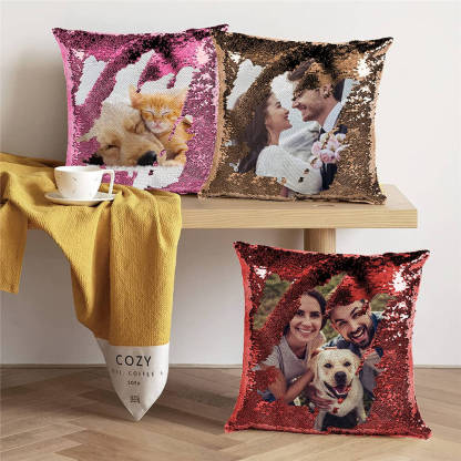 Personalisierbares Fotokissen mit Wendepailletten – Magische Meerjungfrau Design Kissenbezug