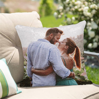 Personalisierbares Fotokissen mit Wendepailletten – Magische Meerjungfrau Design Kissenbezug