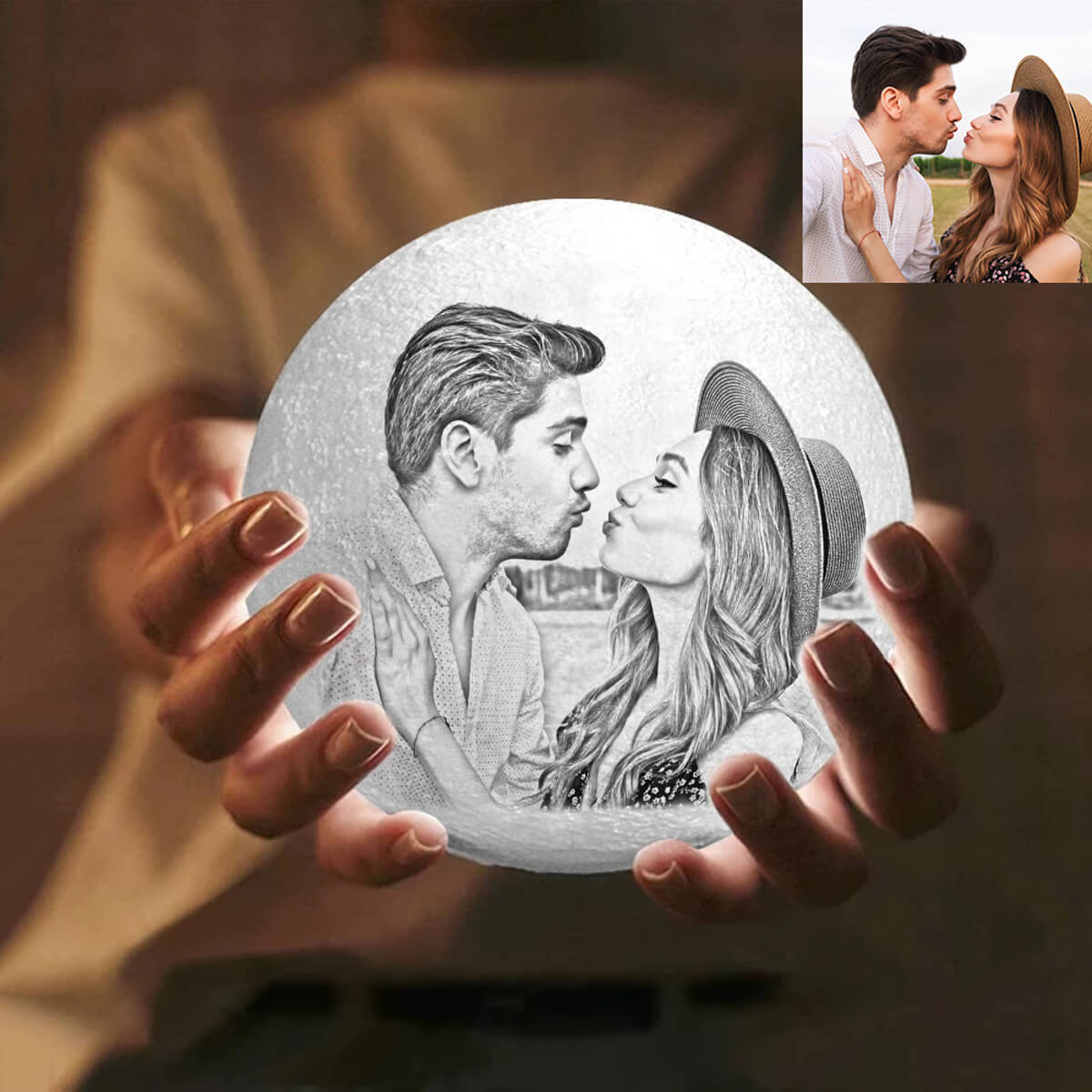 Personalisierte Foto Mondlampe 3D Gravierte Mondlicht mit Foto Zwei Farben Geschenk für Paare