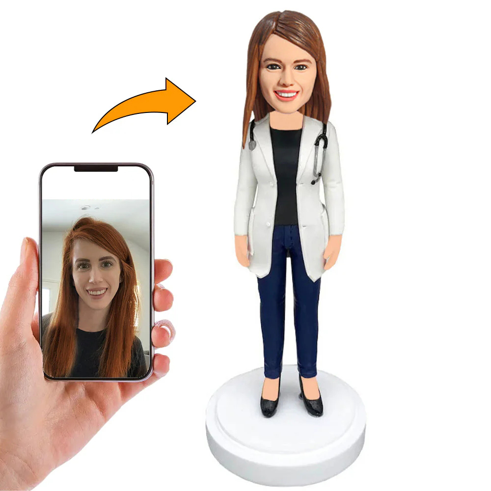 Handgefertigter Wackelkopf Ärztin Im Weißen Kittel