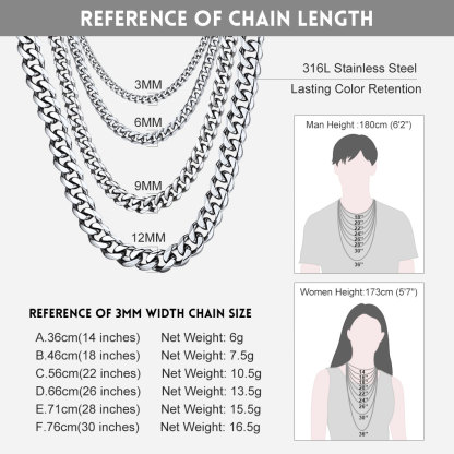 Bandmax 3MM Curb Cuban Chain for Men Women Teenager 316L Stainless Steel Miami Link Necklace for Gift