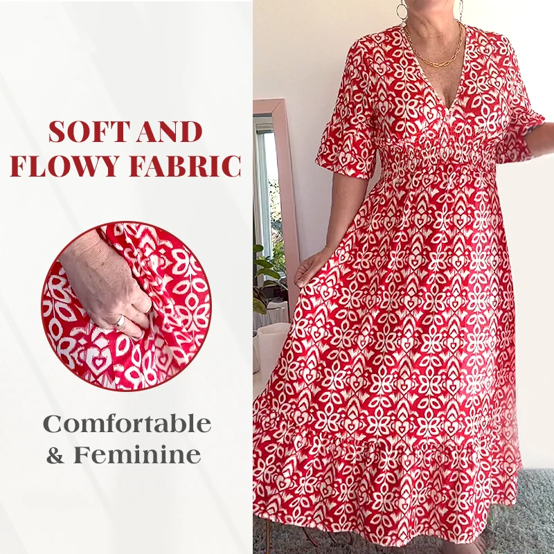 Bohemian casual print V-neck shirred waist long dress