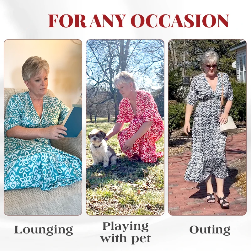 Bohemian casual print V-neck shirred waist long dress