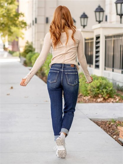 Tummy Control Distressed Cuffed Boyfriend Jeans