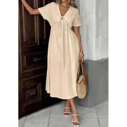 Last Day 49% OFF 🔥 Women's Lightweight Summer Cotton Dress V-Neck Bohemian Casual Loose Short Sleeve Drawstring Beach Dress with Pockets