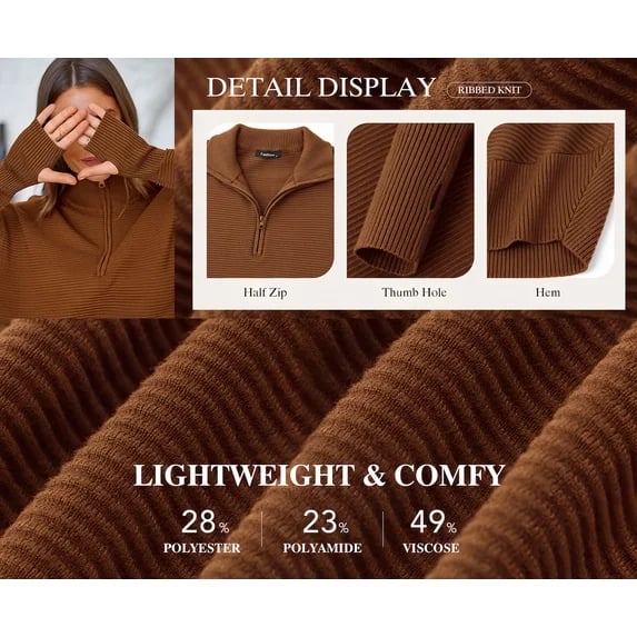 PRETTYGARDEN Womens Long Sleeve Quarter Zip Pullover Sweater Casual Loose V Neck Collared Ribbed Knit Jumper Tops Thumb Hole