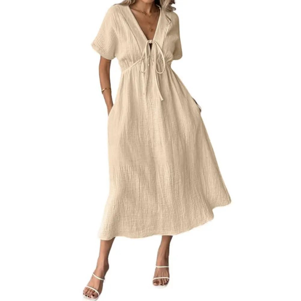 Last Day 49% OFF 🔥 Women's Lightweight Summer Cotton Dress V-Neck Bohemian Casual Loose Short Sleeve Drawstring Beach Dress with Pockets
